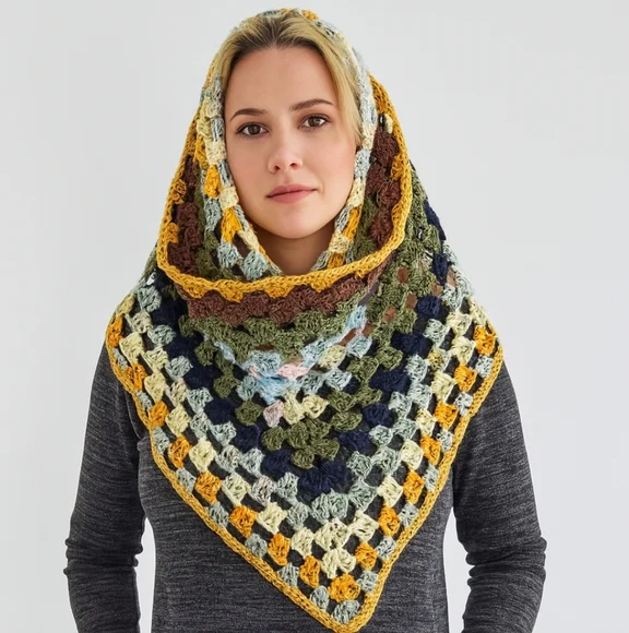 12-in-1 Granny Square Unique Shawl Cape Multicolor Crochet Wrap Fall Layering - Picture 8 of 17